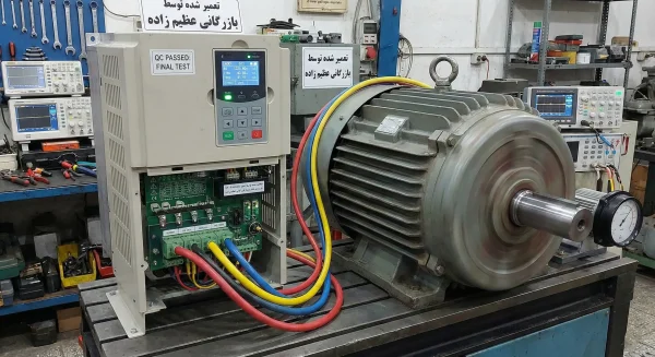 تست نهایی اینورتر سه فاز زیر بار موتور پس از تعمیر در کارگاه