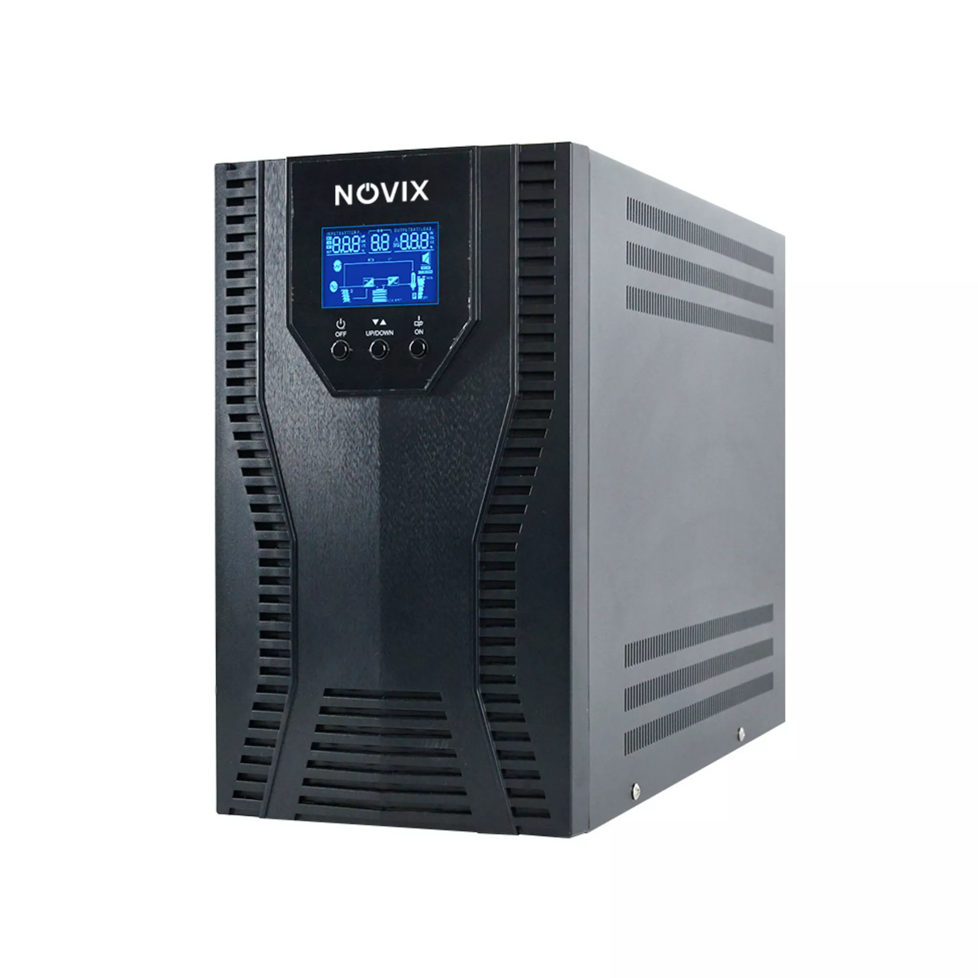 نمای روبرو و نمایشگر ال سی دی یو پی اس نوویکس 3kva لاین اینتراکتیو